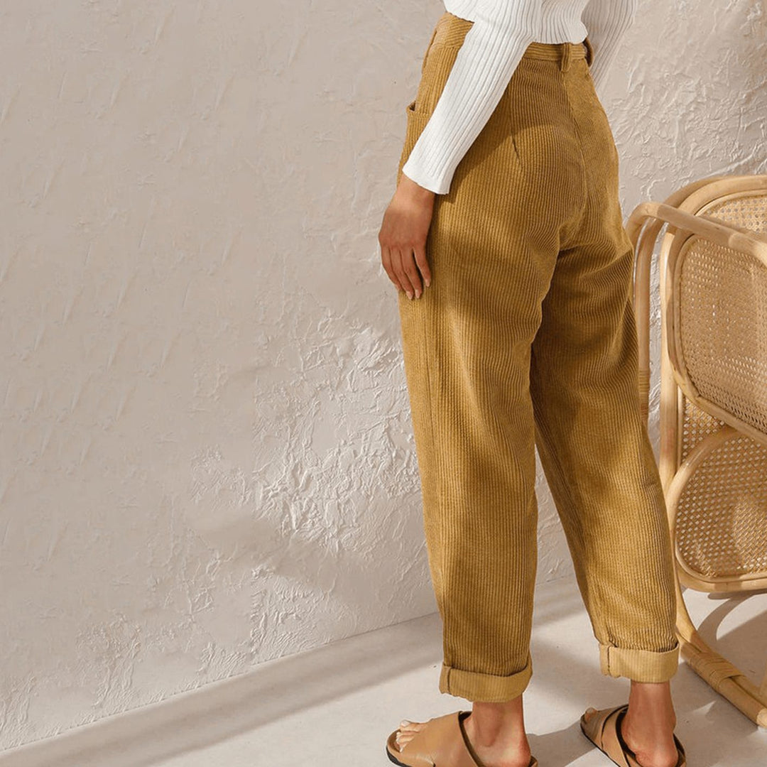 Women's High-Waist Relaxed-Fit Corduroy Pants Rolled Cuff - Yellow
