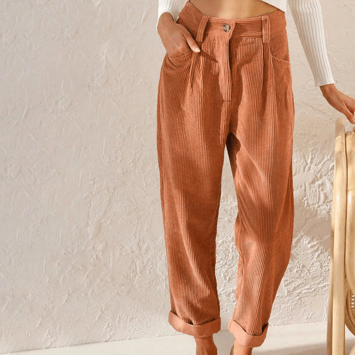Women's High-Waist Relaxed-Fit Corduroy Pants Rolled Cuff - Orange