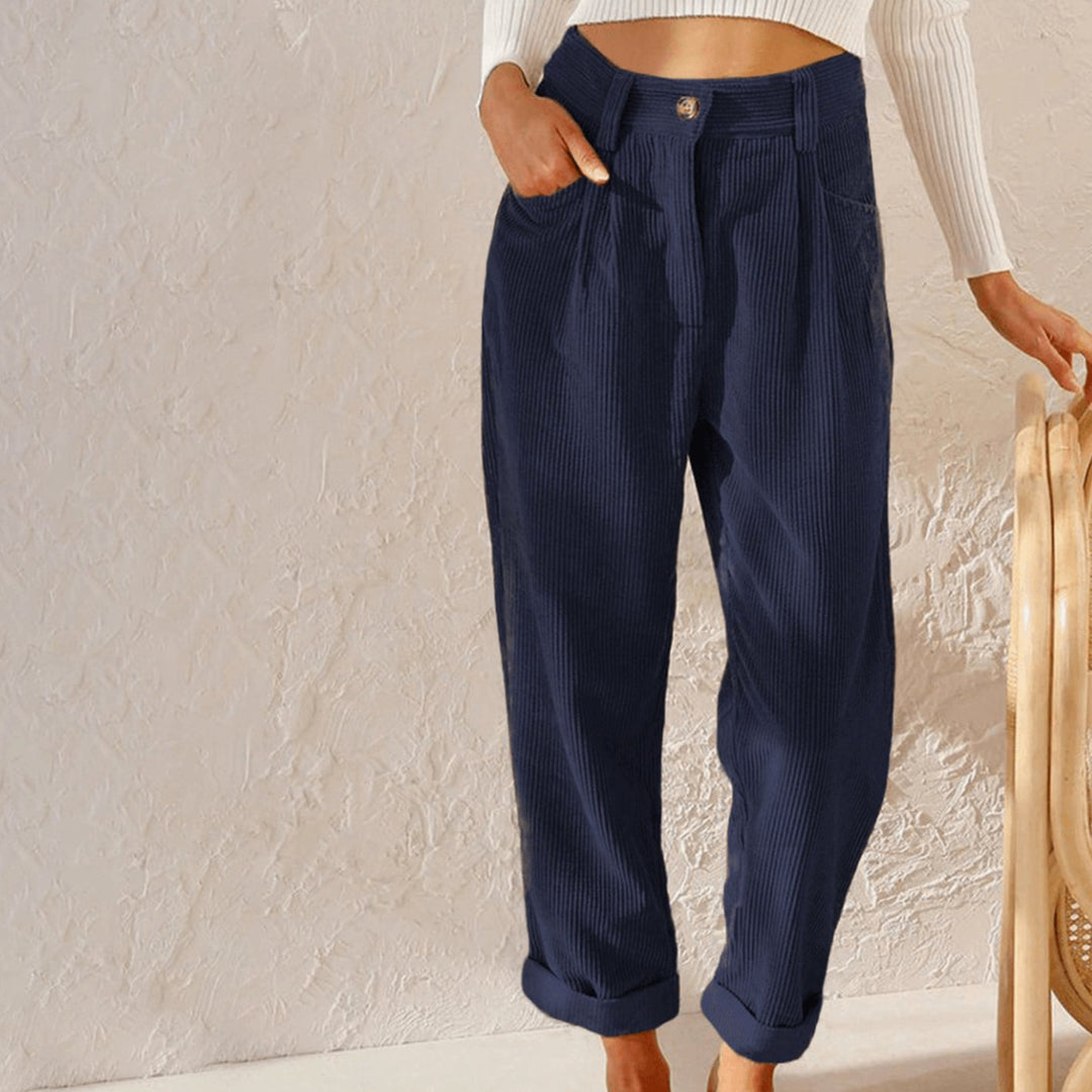 Women's High-Waist Relaxed-Fit Corduroy Pants Rolled Cuff - Blue
