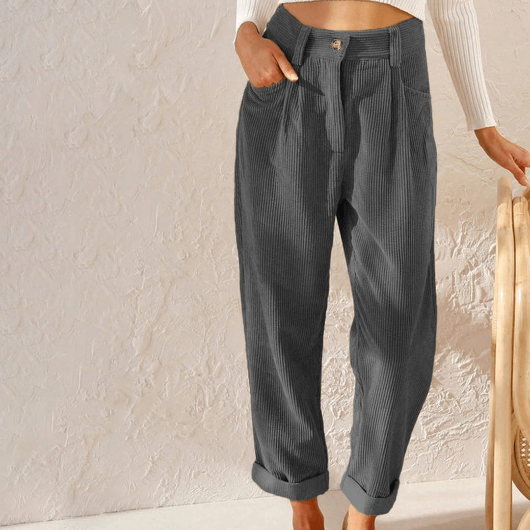 Women's High-Waist Relaxed-Fit Corduroy Pants Rolled Cuff - Gray