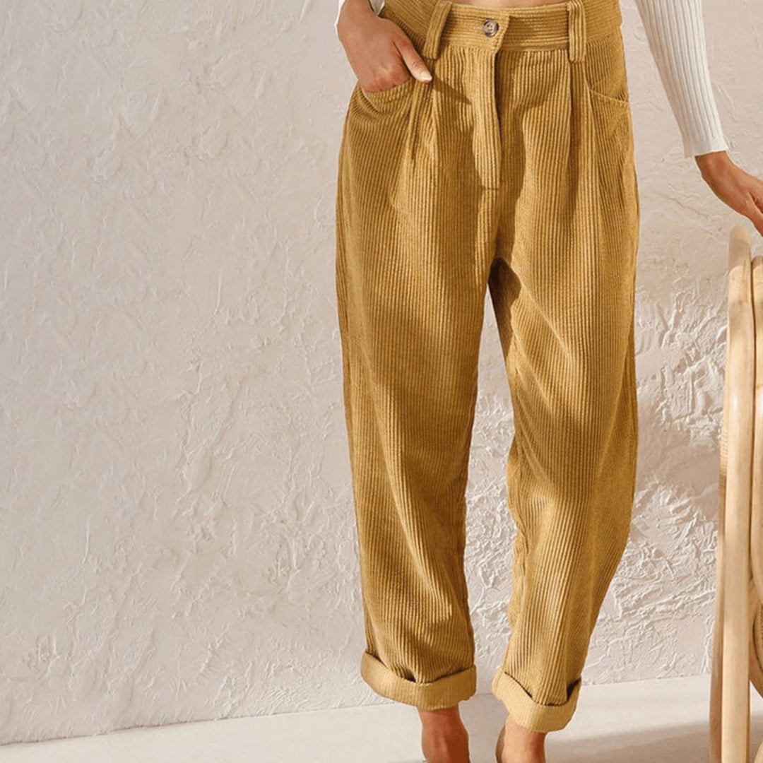 Women's High-Waist Relaxed-Fit Corduroy Pants Rolled Cuff