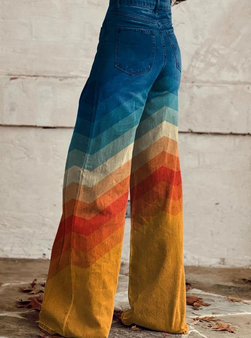 Women's High-Waist Retro Chevron Wide Leg Flare Jeans