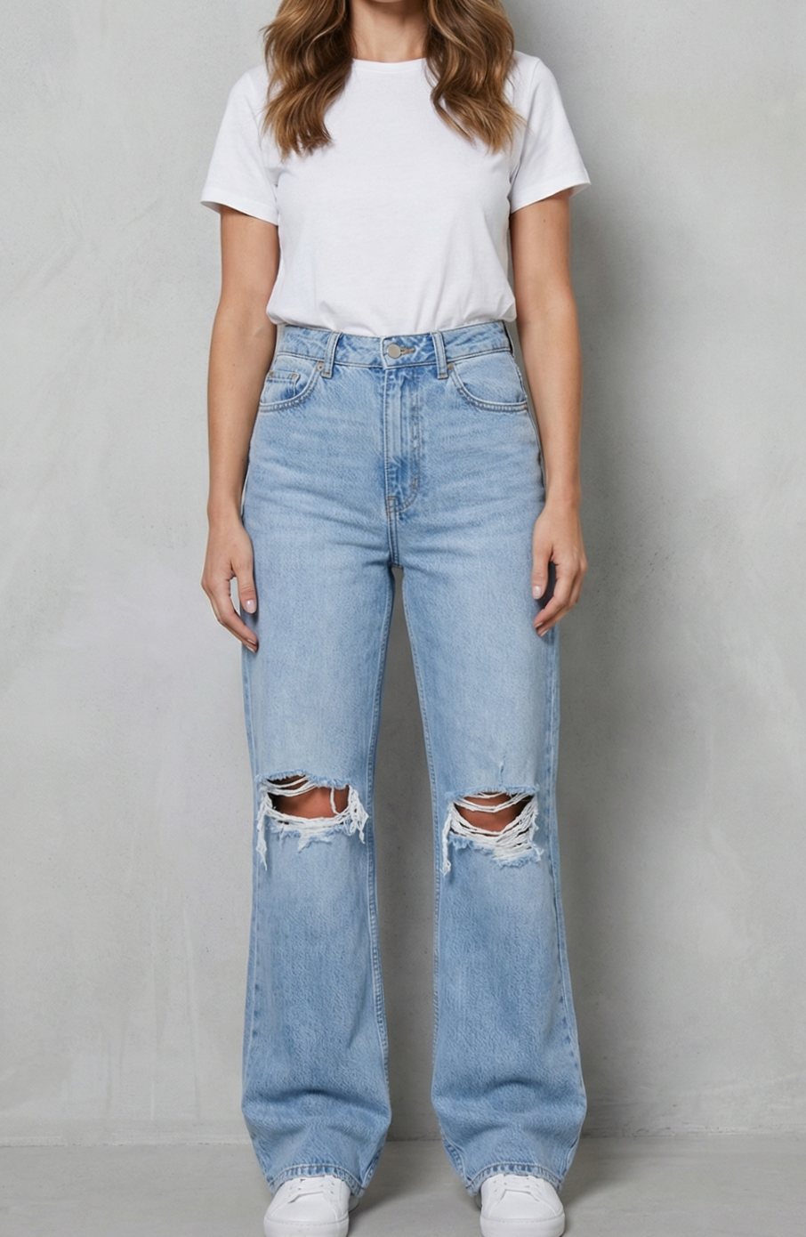 Women's High-Waist Ripped-Knee Wide Leg Flare Jeans - Light Blue