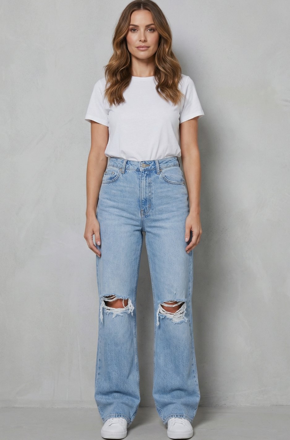 Women's High-Waist Ripped-Knee Wide Leg Flare Jeans