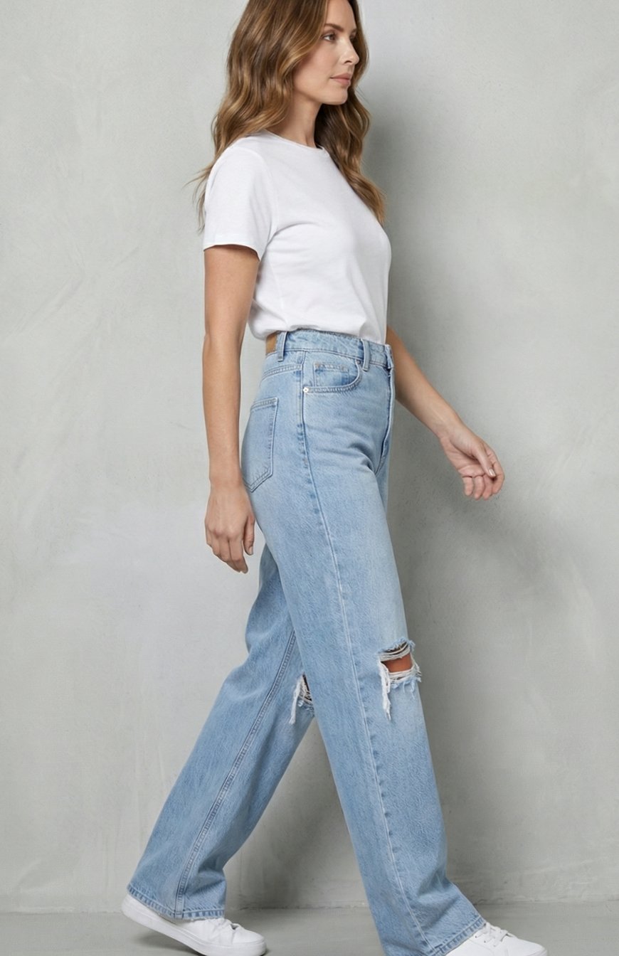 Women's High-Waist Ripped-Knee Wide Leg Flare Jeans