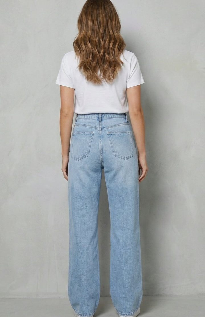 Women's High-Waist Ripped-Knee Wide Leg Flare Jeans