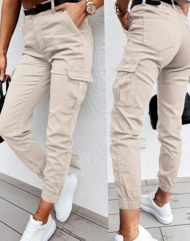 Women's High-Waist Slim-Fit Jogger Cargo Pants Multi-Pocket - Beige