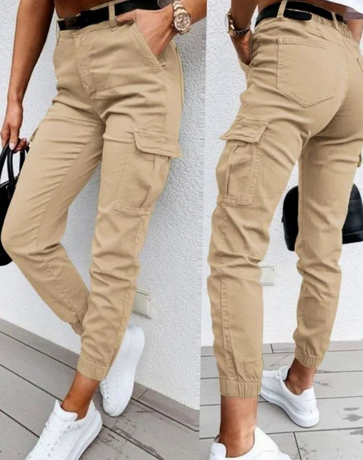 Women's High-Waist Slim-Fit Jogger Cargo Pants Multi-Pocket - Khaki