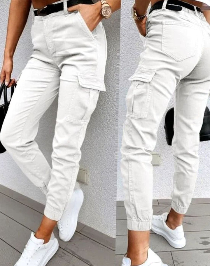 Women's High-Waist Slim-Fit Jogger Cargo Pants Multi-Pocket - White