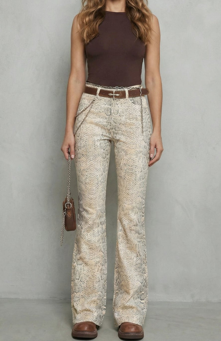 Women's High-Waist Snake Print Wide Leg Palazzo Pants, Beige - Beige
