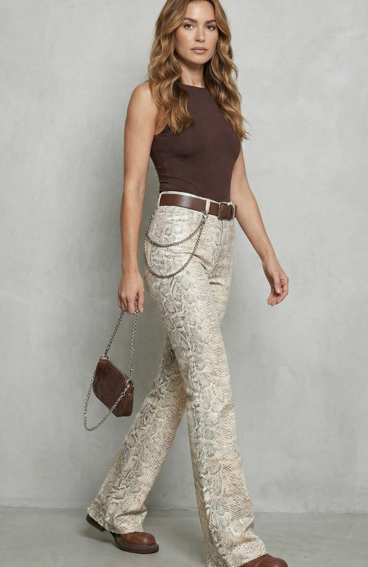 Women's High-Waist Snake Print Wide Leg Palazzo Pants, Beige