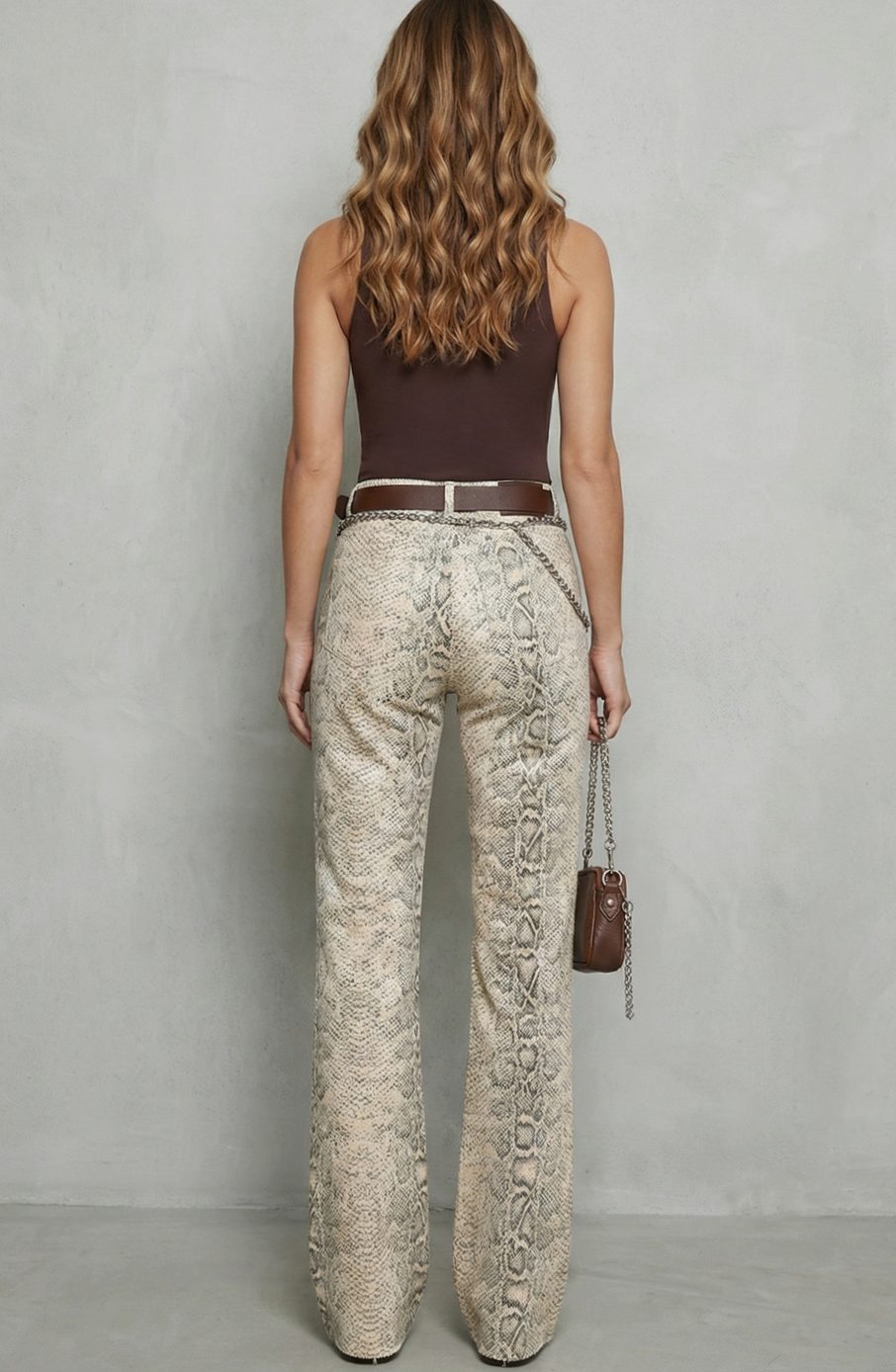 Women's High-Waist Snake Print Wide Leg Palazzo Pants, Beige