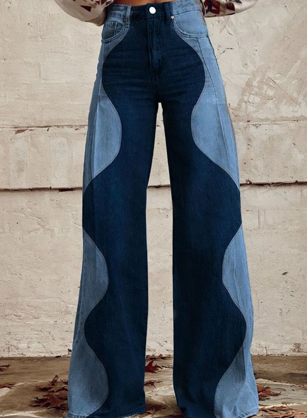 Women's High-Waist Two-Tone Wide Leg Colorblock Jeans