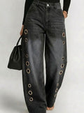 Luna | Women's High-Waist Wide-Leg Black Jeans Gold Eyelet Side Detail
