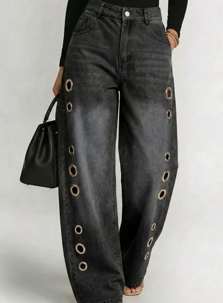 Women's High-Waist Wide-Leg Black Jeans Gold Eyelet Side Detail - Black