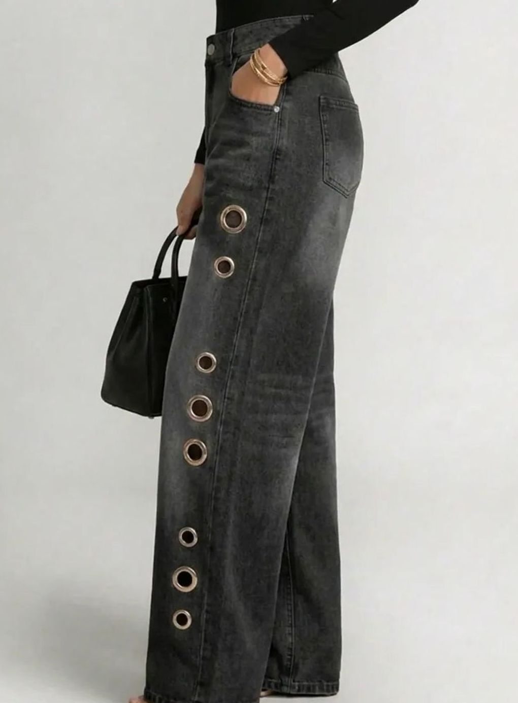 Women's High-Waist Wide-Leg Black Jeans Gold Eyelet Side Detail
