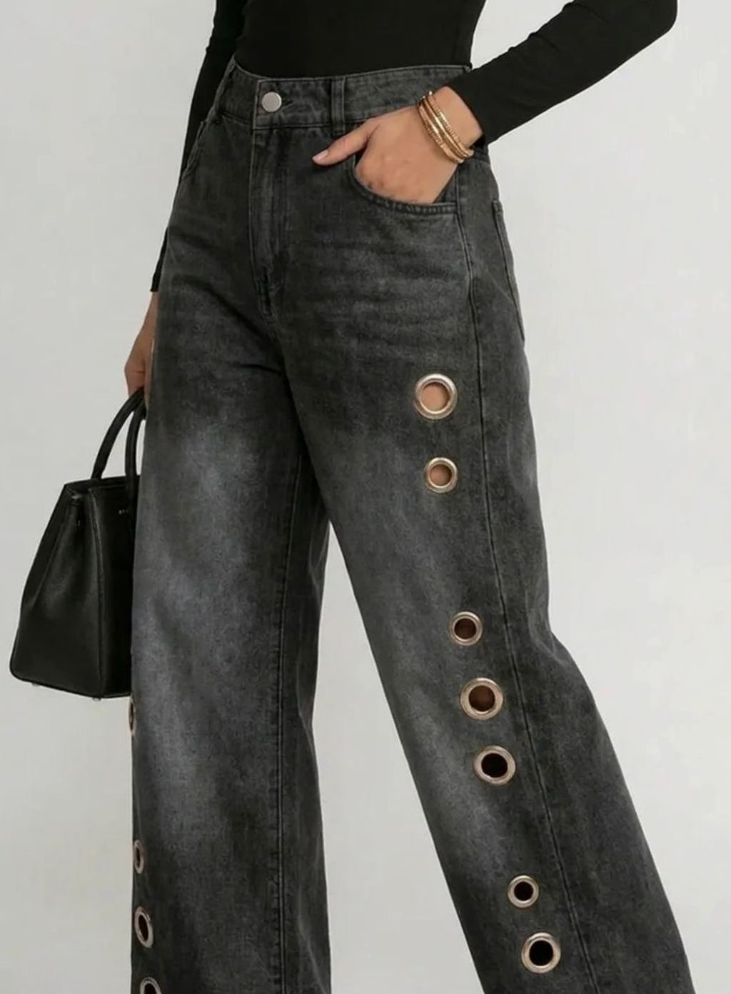 Women's High-Waist Wide-Leg Black Jeans Gold Eyelet Side Detail