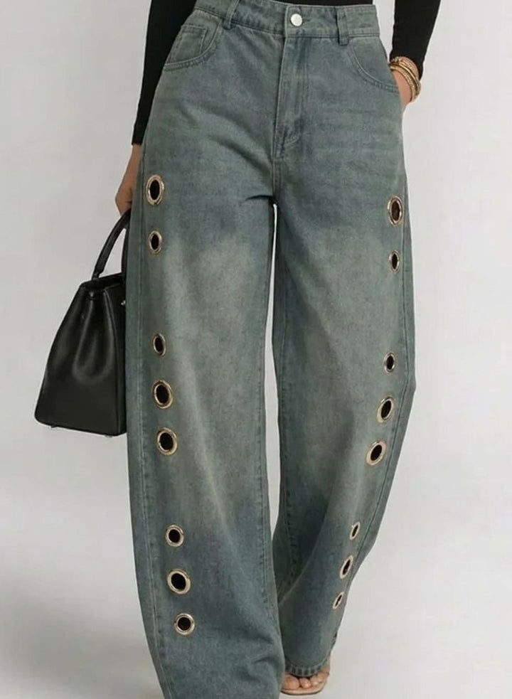 Women's High-Waist Wide-Leg Black Jeans Gold Eyelet Side Detail - Blue