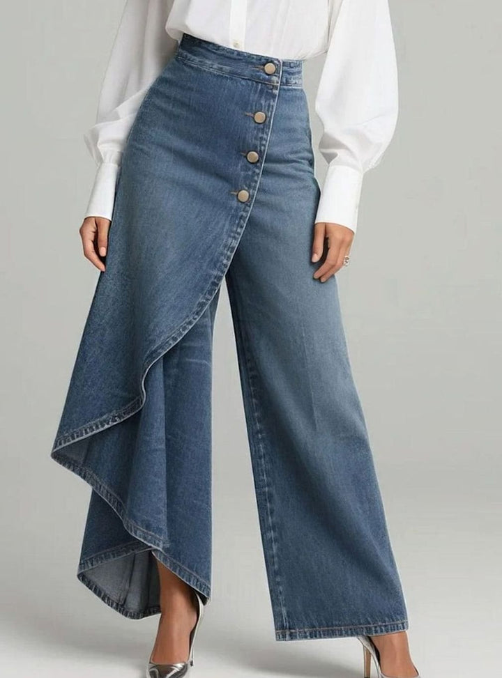 Women's High-Waist Wide Leg Button-Front Asymmetric Denim Jeans - Blue