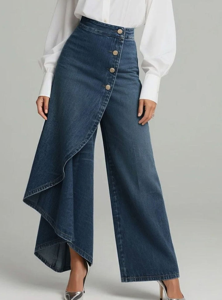 Women's High-Waist Wide Leg Button-Front Asymmetric Denim Jeans - Navy Blue