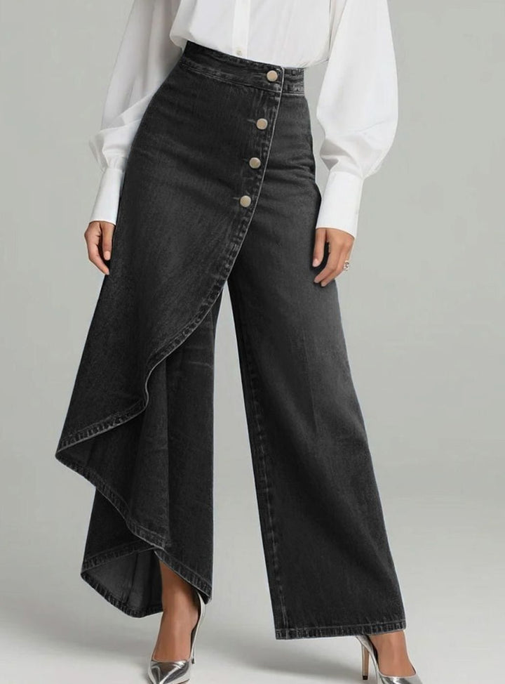 Women's High-Waist Wide Leg Button-Front Asymmetric Denim Jeans - Black