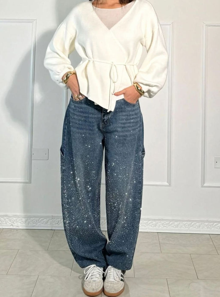 Women's High-Waist Wide Leg Cargo Jeans Rhinestone Detail - Blue