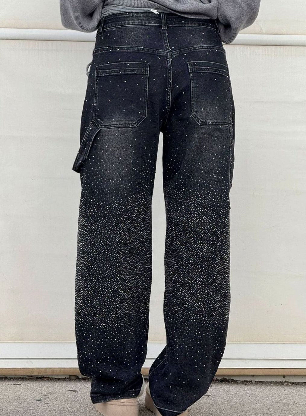 Women's High-Waist Wide Leg Cargo Jeans Rhinestone Detail