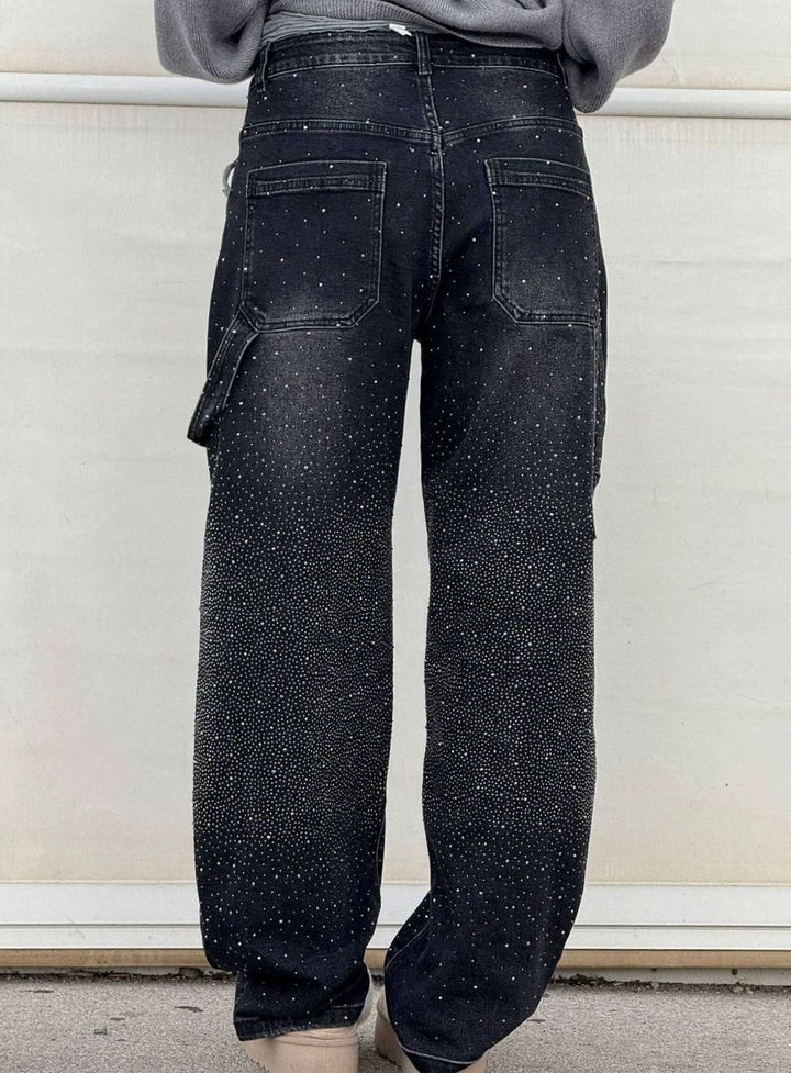 Women's High-Waist Wide Leg Cargo Jeans Rhinestone Detail