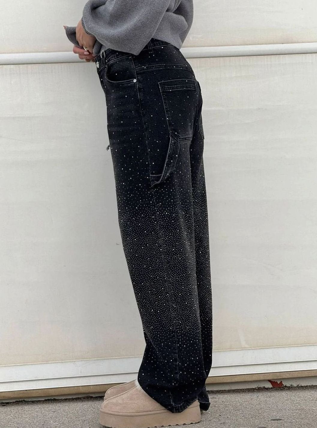 Women's High-Waist Wide Leg Cargo Jeans Rhinestone Detail