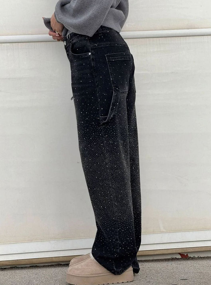 Women's High-Waist Wide Leg Cargo Jeans Rhinestone Detail