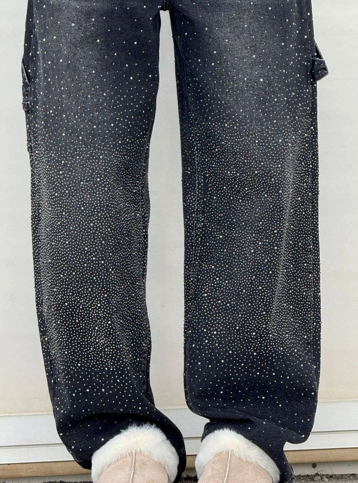 Women's High-Waist Wide Leg Cargo Jeans Rhinestone Detail