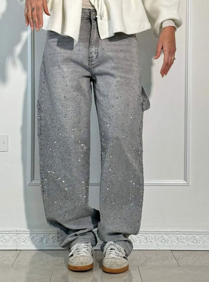 Women's High-Waist Wide Leg Cargo Jeans Rhinestone Detail