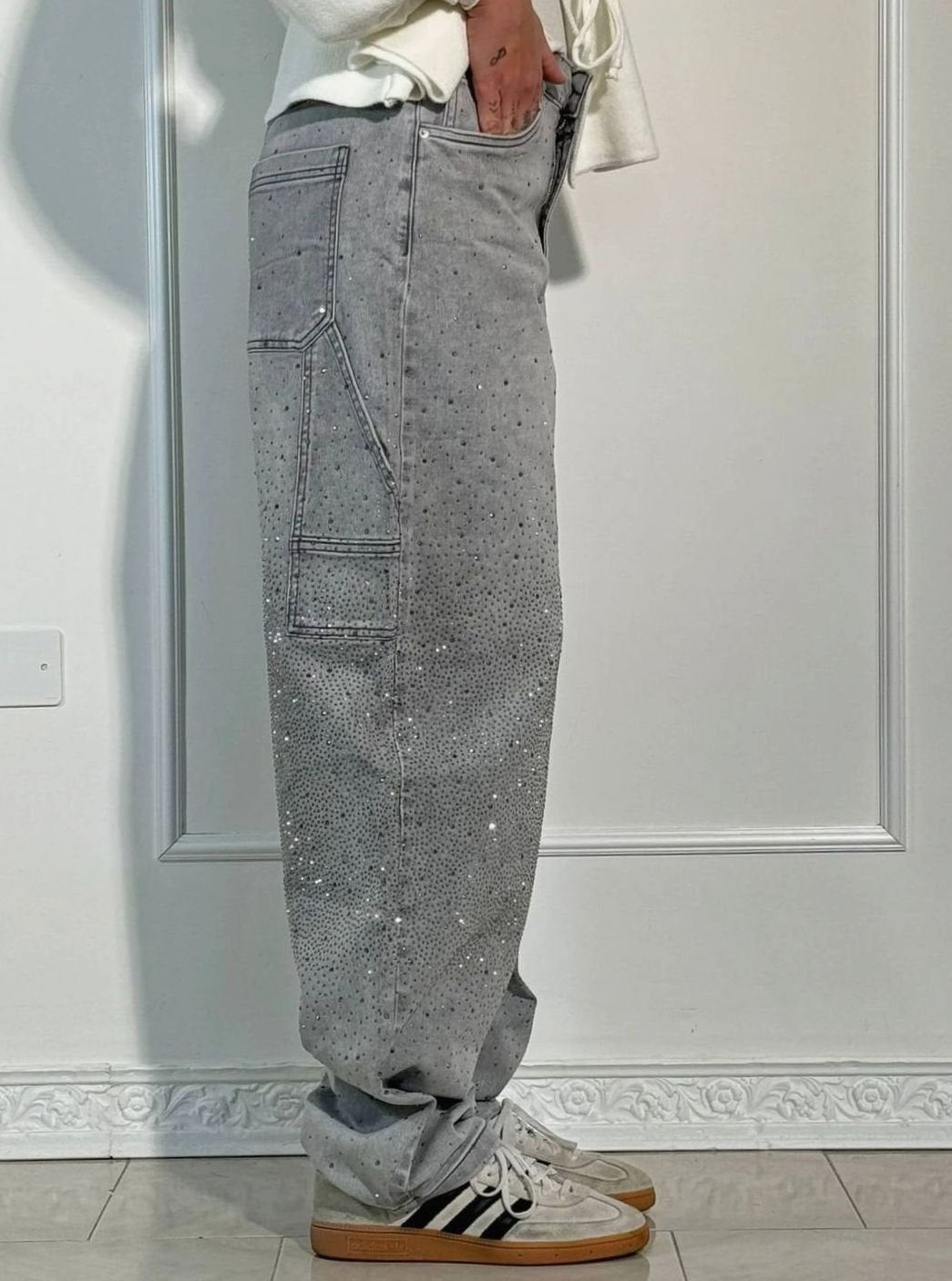 Women's High-Waist Wide Leg Cargo Jeans Rhinestone Detail