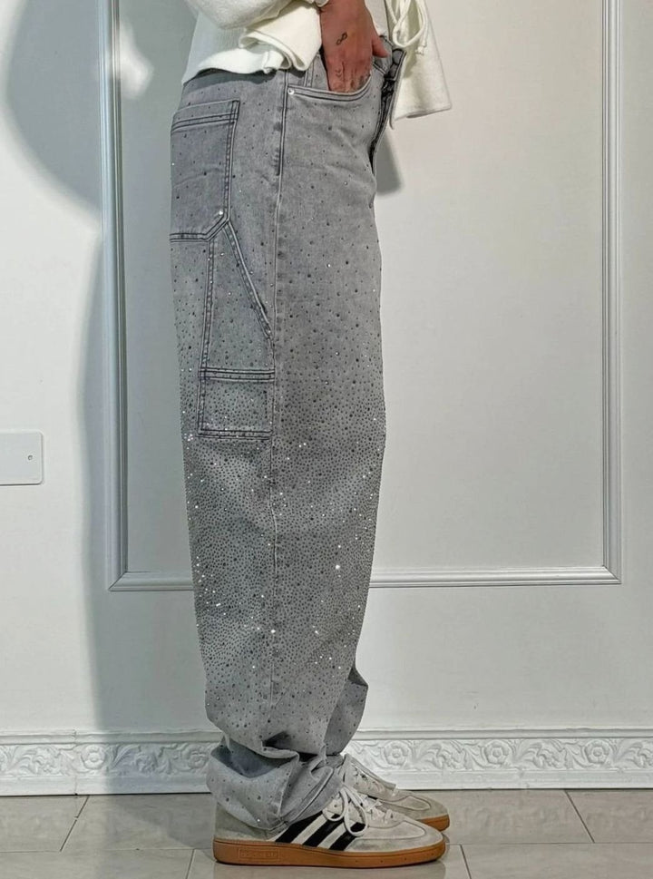Women's High-Waist Wide Leg Cargo Jeans Rhinestone Detail