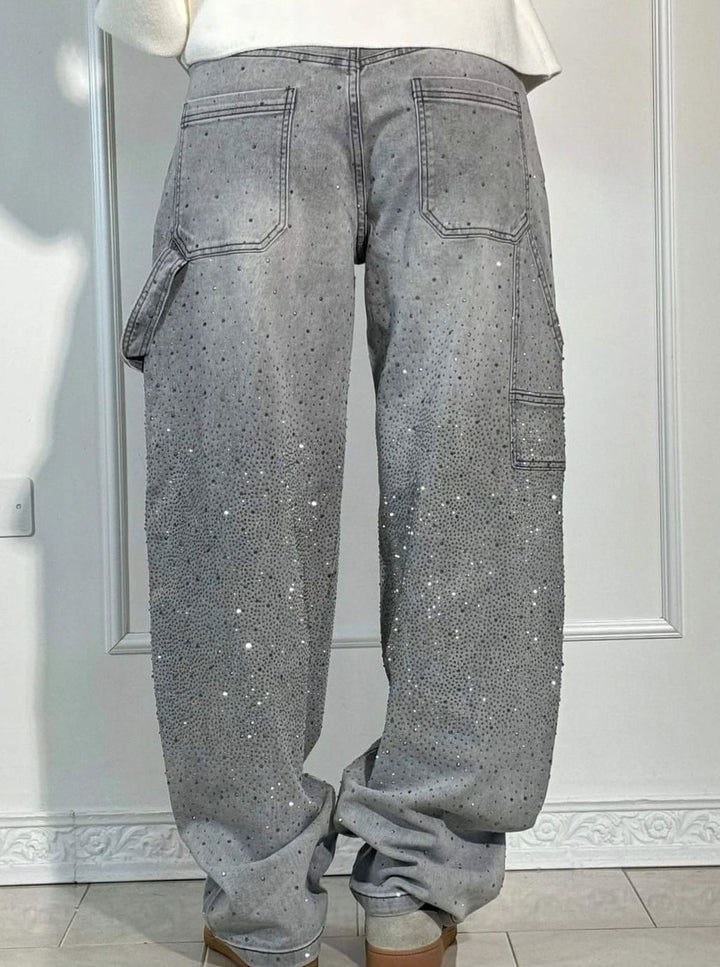 Women's High-Waist Wide Leg Cargo Jeans Rhinestone Detail - Gray
