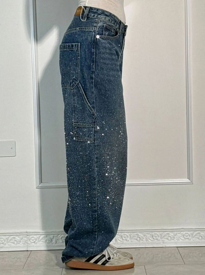 Women's High-Waist Wide Leg Cargo Jeans Rhinestone Detail