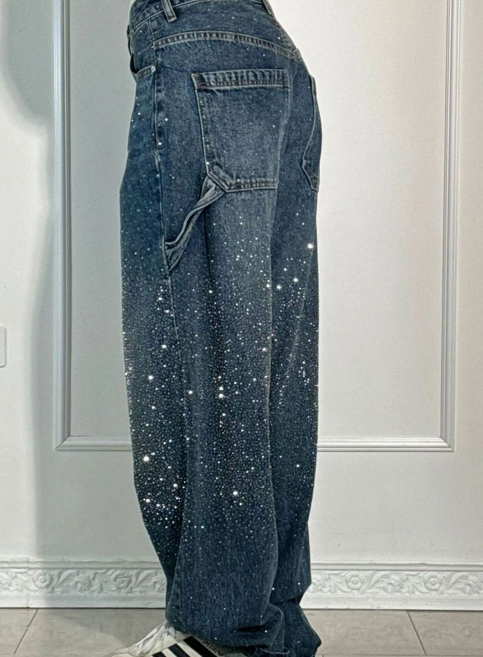 Women's High-Waist Wide Leg Cargo Jeans Rhinestone Detail