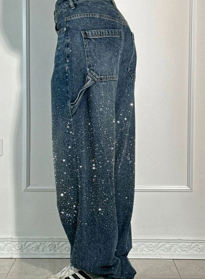 Women's High-Waist Wide Leg Cargo Jeans Rhinestone Detail