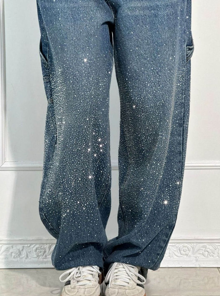 Women's High-Waist Wide Leg Cargo Jeans Rhinestone Detail