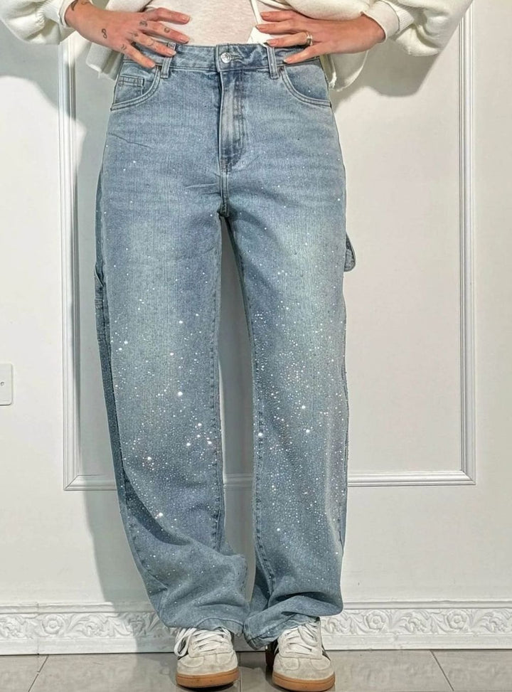 Women's High-Waist Wide Leg Cargo Jeans Rhinestone Detail - Acid Blue