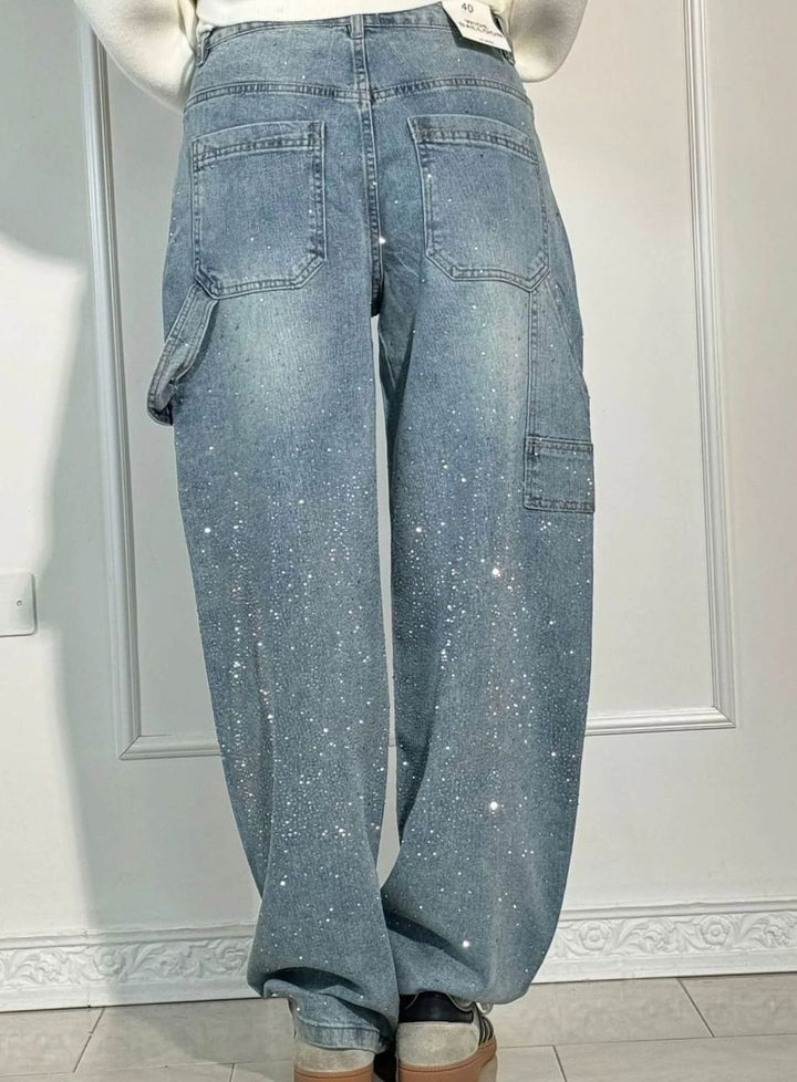 Women's High-Waist Wide Leg Cargo Jeans Rhinestone Detail