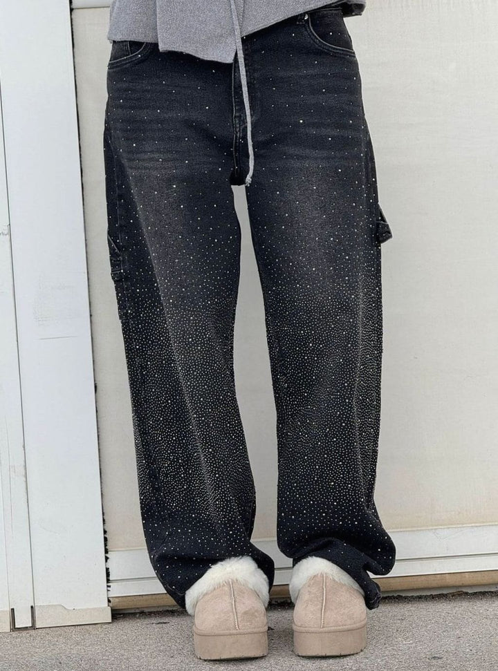 Women's High-Waist Wide Leg Cargo Jeans Rhinestone Detail - Black