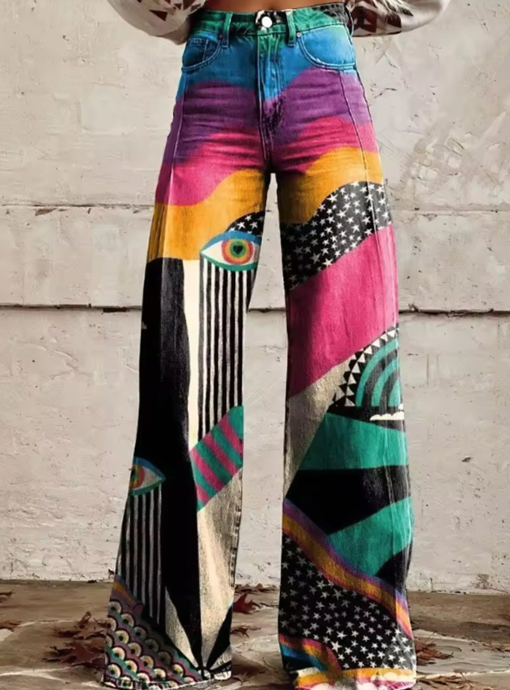 Women's High-Waist Wide-Leg Colorblock Graphic Print Boho Pants