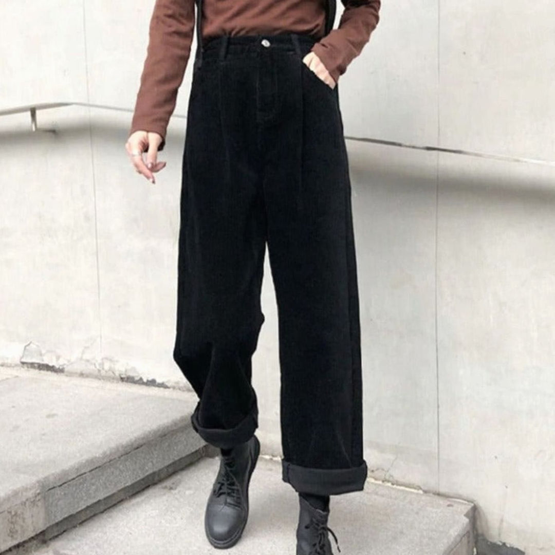 Women's High-Waist Wide Leg Corduroy Pants - Black