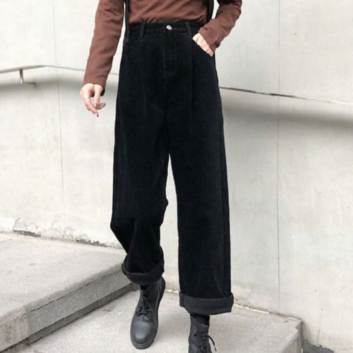 Women's High-Waist Wide Leg Corduroy Pants - Black