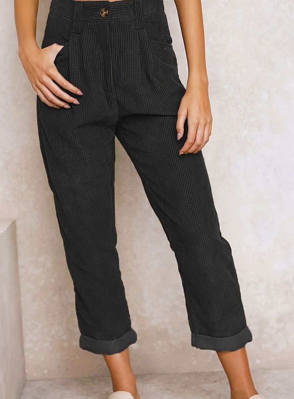 Women's High-Waist Wide Leg Cropped Corduroy Pants - Black