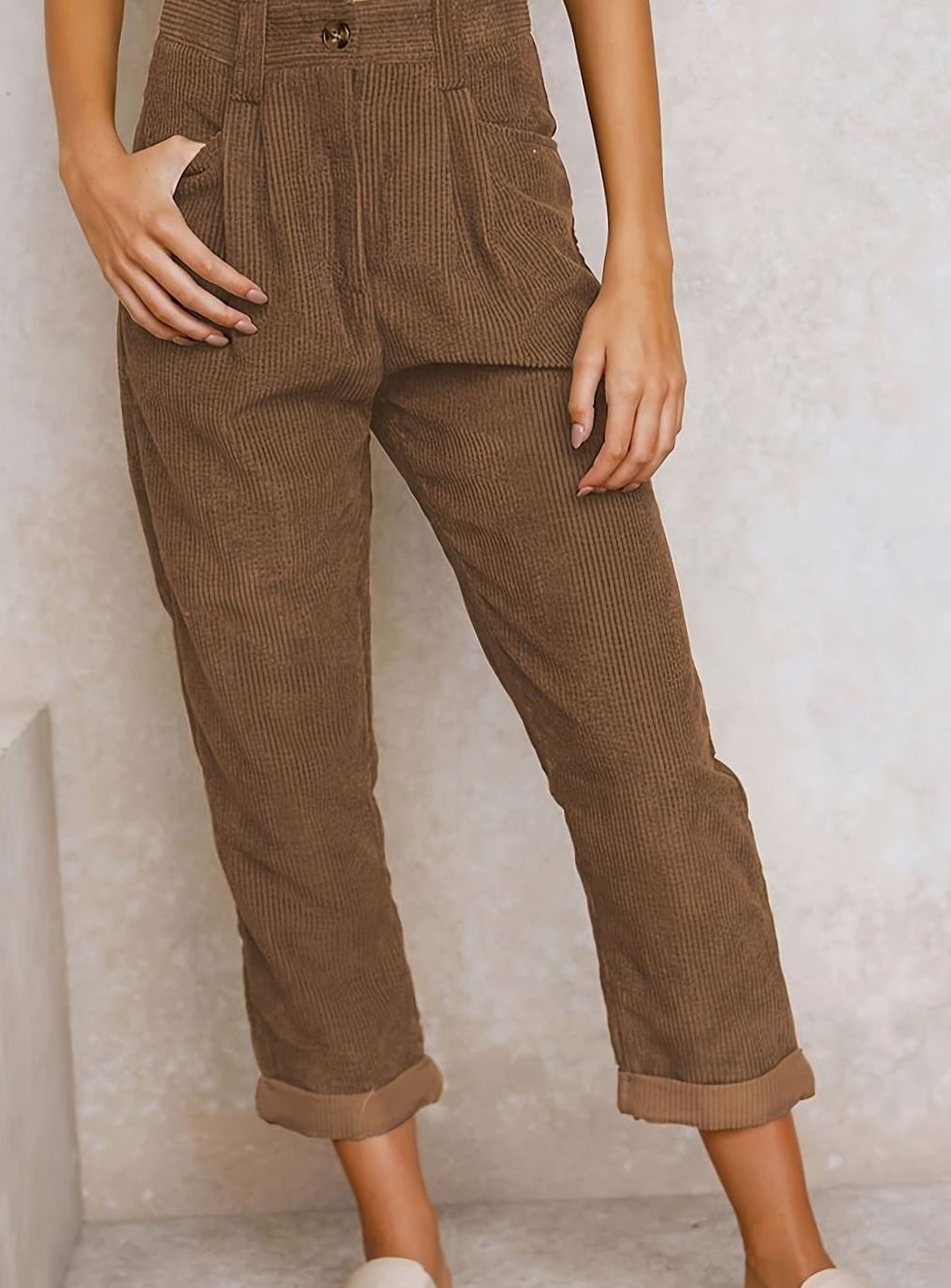Women's High-Waist Wide Leg Cropped Corduroy Pants - Brown