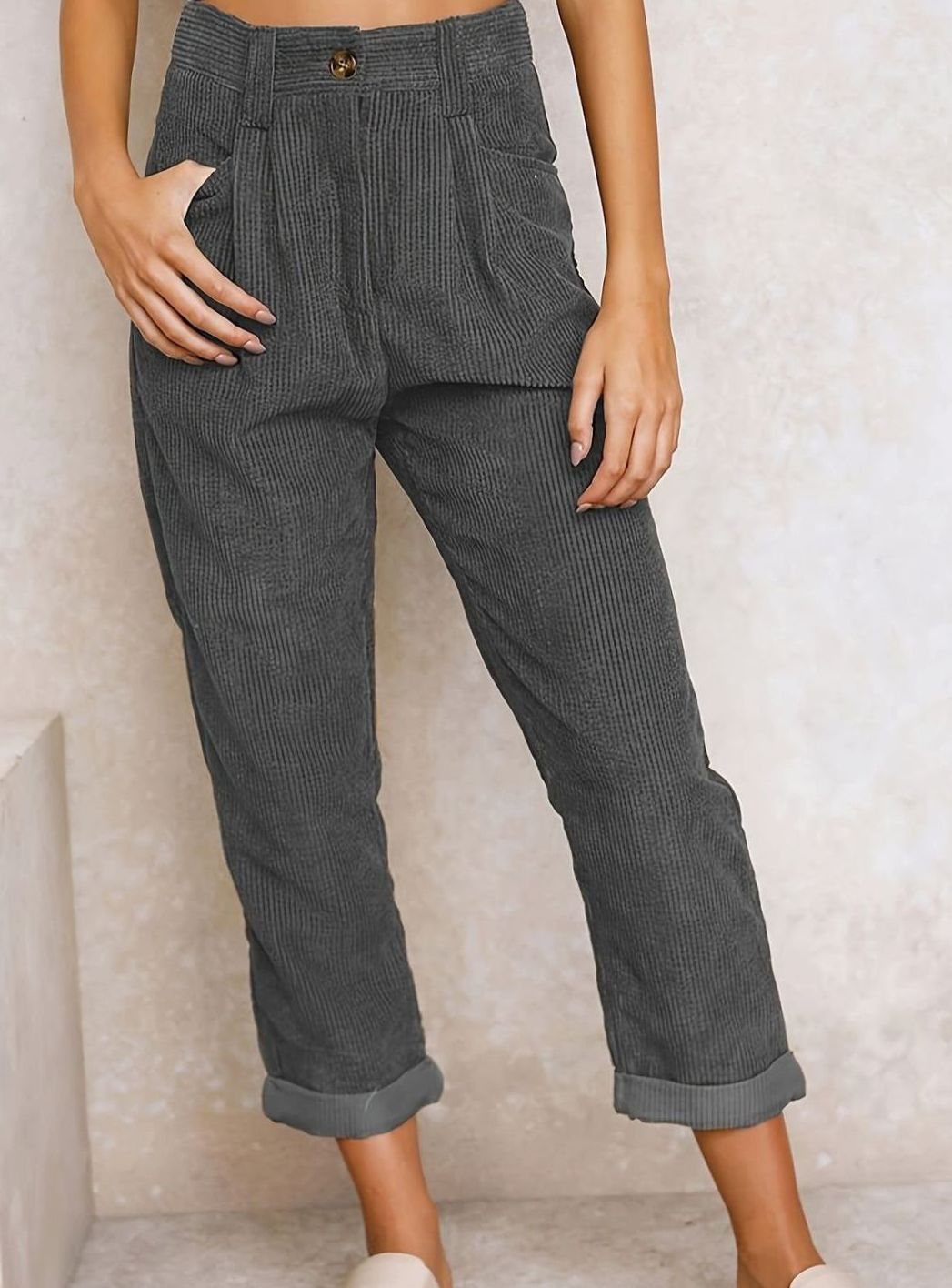 Women's High-Waist Wide Leg Cropped Corduroy Pants - Gray