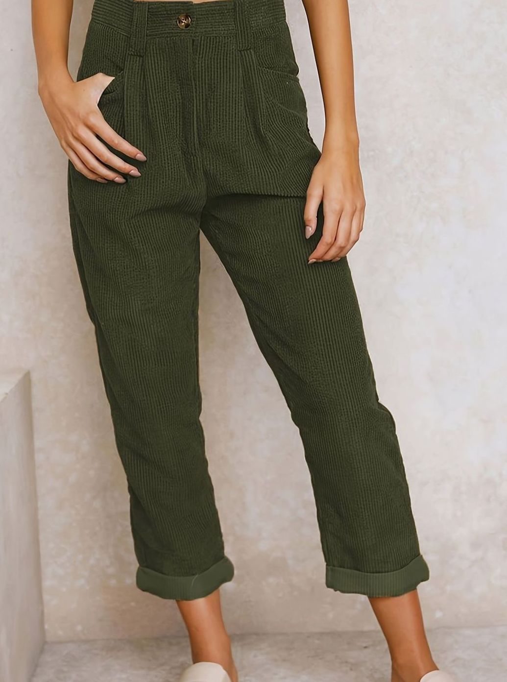 Women's High-Waist Wide Leg Cropped Corduroy Pants - Dark Green