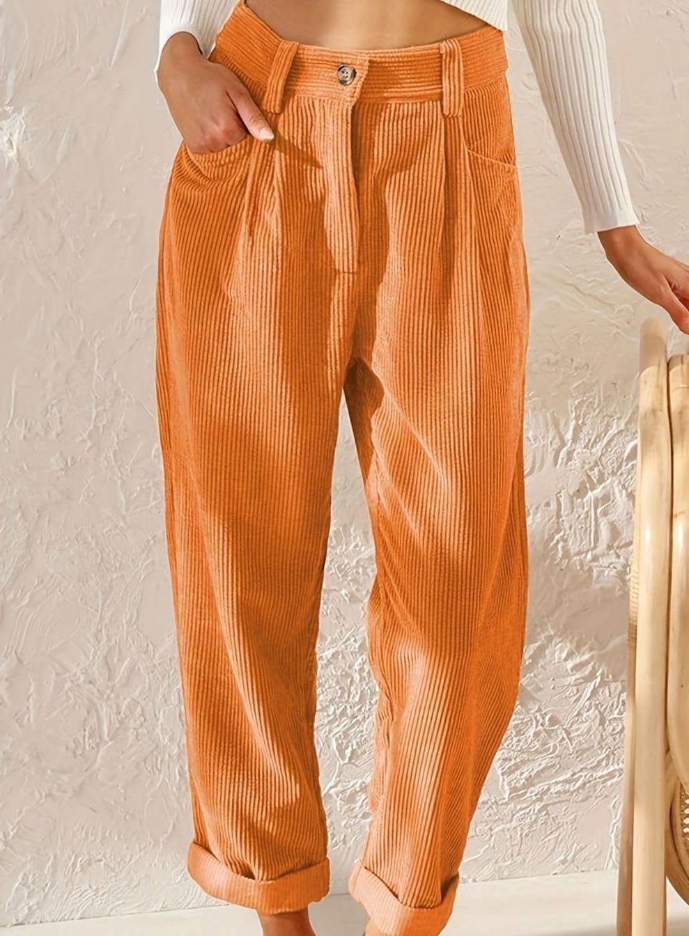 Women's High-Waist Wide Leg Cropped Corduroy Pants - Orange